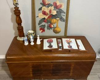 Lane cedar chest, MCM wood spun lamp, vintage artwork