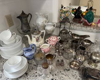 Vintage dishes, teapots, antique silver plate 