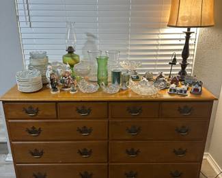 Vintage Ethan Allen dresser, vintage china, vases, lead crystal, trinkets