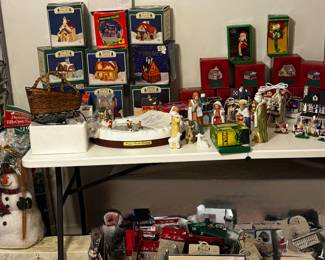 Christmas village pieces in boxes