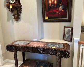 Inlaid couch table and coffee table 
Clock and art