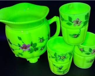 Antique Tarentum Glass Floral Custard Glass Pitcher and 3 Tumblers - Uranium Glass