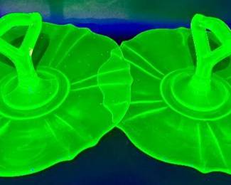 Pair of Green Uranium Glass Handled Serving Trays