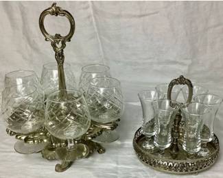 Vintage Silver Plate Cavalier Round Gallery Rim Serving Tray with 6 Cordials and 6 Crystal Cut Brandy Glasses with Caddy