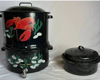 Vintage Graniteware 3 Pc. Double Steam Pot 15" Lobster Clam Broth Spigot and 10" Round Covered Roaster