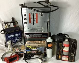 
Welding Bundle of Montgomery Ward Power Kraft 295 Continuous Amperage Control Welder (25-295 Amps) Serial #161040, with propane torch/Solidox Welding Torch, Holder, Visor & brass tips plus Bernz O Matic Torch Gun Model SST-400 & 2 Clear Face Shields