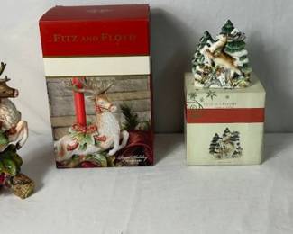 Fitz and Floyd Woodland Holiday Napkin Holder, 2002 Enchanted Holiday Christmas Bell and Regal Holiday Candleholder