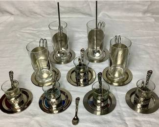 Vintage MCM Danish Modern Hot Toddy 10 Piece Set & Demi Tasse Silverplate Espresso 16 Piece Set