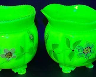 Antique Tarentum Glass Floral Custard Glass Creamer and Sugar - Uranium Glass