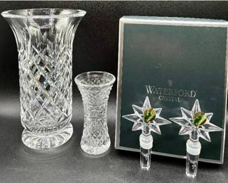 Waterford Crystal Bundle - Pair of Congratulation Stopper, Glendare (?) Bud Vase and Lismore (?) Footed Flower Vase