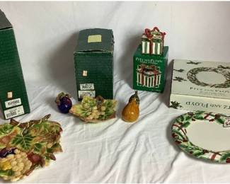 Fitz and Floyd Plaid Christmas Cookie for Santa Plate, Happy Holidays Lidded Box, plus Venetian Romance Salt & Pepper and Canape' Plate