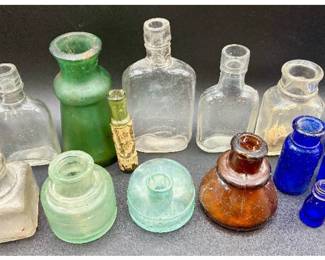 Unique Collection of 14 Vintage Small Glass Bottles - Including 2 Uranium Glass Pieces