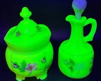 Antique Tarentum Glass Floral Custard Glass Covered Sugar Bowl and Cruet with Stopper - Uranium Glass