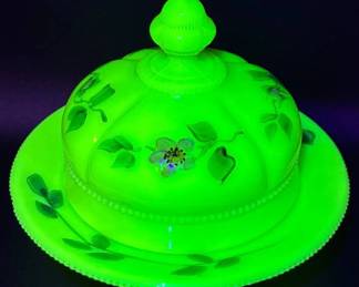 Antique Tarentum Glass Floral Custard Glass Butter Dish with Lid - Uranium Glass