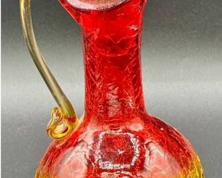 Vintage Uranium Glass 3 Sided Pinch Glass Liquor Bottle with Pewter Details & Vintage Red 2 Sided Dimpled Glass Bottle with Pewter Details
