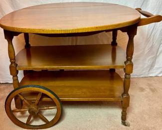 Vintage Solid Maple Drop Leaf Tea Cart with one drawer on 2 wooden spoke wheels with rubber tires and 2 castors