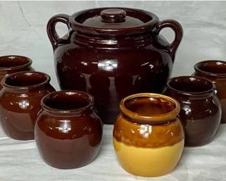 Vintage Stoneware Brown Bean Pot with 5 Matching Mini Bean Pot Crocks plus bonus tan honey pot