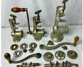 3 Vintage Meat Grinders - Universal 3, Climax 51 and Larkin and accessories