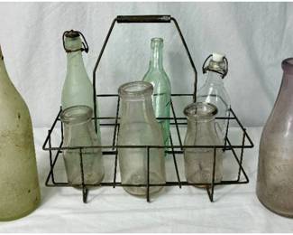 Assorted Collective of 8 Vintage Bottles and Wire Milk Crate with Wood Handle