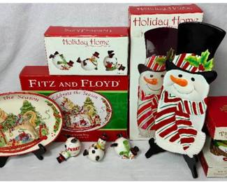 Fitz and Floyd Snowman Collection- Celebrate the Season Tray, Holiday Home Server, Holly Hat Snowman Travel Mug and Holiday Wishes Tumblers