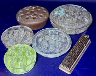 Collection of 6 Flower Frogs - 1 Uranium Glass, 3 Glass, 1 Ceramic, and 1 Metal Pin Frog