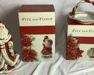Fitz and Floyd Poinsettia Santa Figurine and Basket