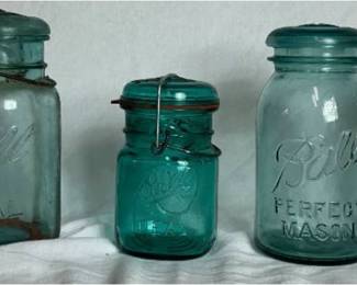 3 Wire Lid Covered Blue Ball Jars, 1 Screw Top Blue Ball Jar, and 1 Blue Hemingray Insulator