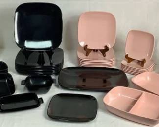 Vintage Pink and Black MCM Melmac Dinnerware Set - Includes  Arrowhead, Brookpark, and Crystalon Glasses