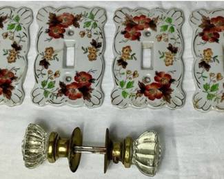 4 Vintage Kelvin Fine China Switch Plate Covers and Antique Glass and Brass Door Knob