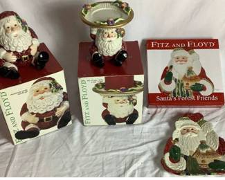 Fitz and Floyd - Santa's Forest Friends Canape' Plate, Christmas Santa Candy Jar and Christmas Santa Pillar Holder