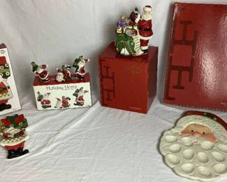 Fitz and Floyd Santa Collection - Holiday Home Tumblers, Peppermint Santa Egg Tray, Holiday Cheer Spoon Rest, and Santa with Toy Bag Musical
