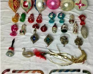 Collection of 6 Vintage Hand Painted Mercury Glass Ornaments and an Assortment of Vintage Ornaments