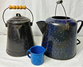 Vintage Blue Enamel Ware Cowboy Coffee Pot, Vintage Black Coffee Pot with Cover and Blue Enamel Cup