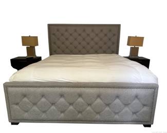 King Size Bed with Tufted Headboard Footboard and Rails with Nailhead Trim