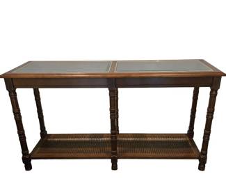 1970s Mid Century Two Tier Walnut Glass Faux Cane Console Sofa Table