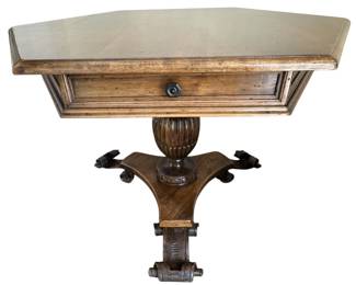 Beautiful Antique Hexagonal Pedestal Carved Wood Table with Drawer