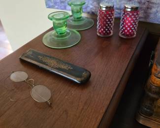 Vaseline glass candle holders and cranberry Hobnail salt and pepper Shakers. 