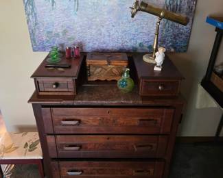 Antique Victorian Carved Walnut Step Back Dresser Chest Marble Glovebox Drawers. Excellent condition!
