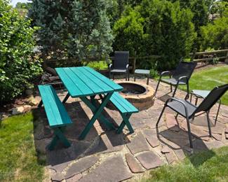 Wooden picnic table and benches. 