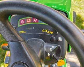 John Deere LX279, 17Hp engine, mulching attachment, 48" mowing deck, 1100 hours. Looks and runs like it's brand new! Extra blades and belts go with the mower as well. 