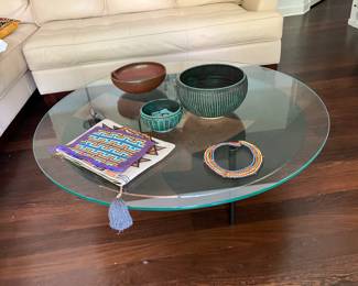 Round glass, coffee table, and decor