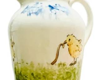 Handmade & Hand Painted Pottery Pitcher Depicting Chickadees, Clouds, & Pasture