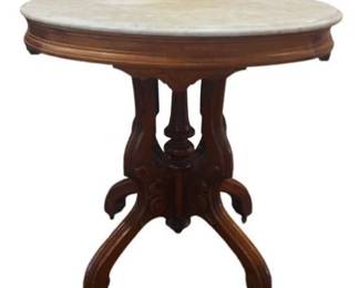 Carved Walnut Pedestal Base Table With Marble Top & Original Brass Casters