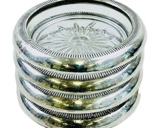 Sterling Silver & American Glass Coasters - Signed "Crown Sterling" - Set Of Four - 3.75 Round