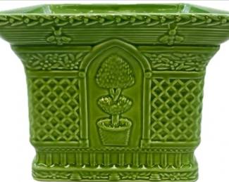 Green Ceramic Cache Pot - Trellis & Topiary Design