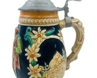 German Lidded Beer Stein With Pewter, Stamped Made In Germany