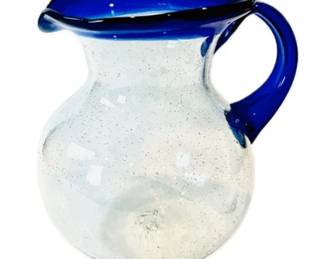 Hand Blown Mexican Bubble Glass Pitcher With Cobalt Trim & Pontal Mark On Base