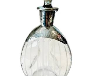 Art Deco Pinch Decanter, Hammered Silver Overlay, & Vertical Etched Lines
