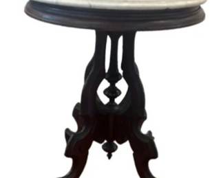 Carved Walnut Pedestal Base Table With Beveled Marble Top & Original Brass Casters