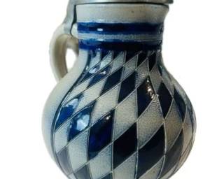 German Salt Glaze Stein With Pewter Lid - Signed & Hallmarked